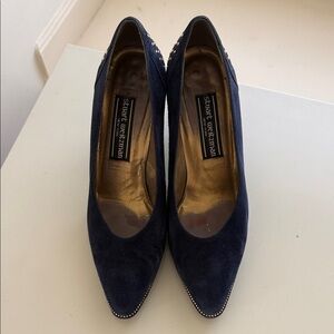 Stuart Weitzman Navy Suede Pointed Toe Heels with Stud Accent